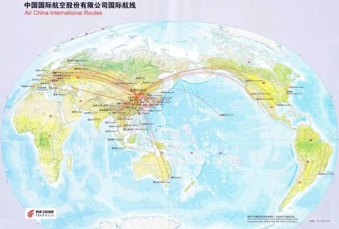 国航国际航线在传统世界地图上的表示