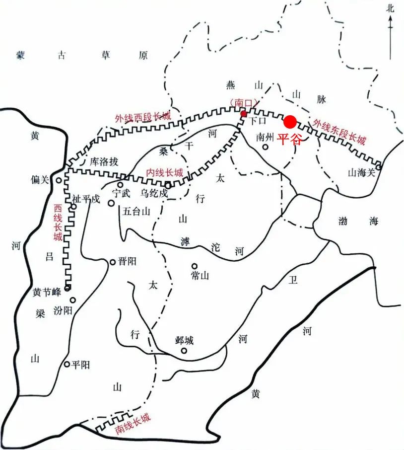 北齐长城整体走向及平谷北齐长城位置示意图(引自《中国历代长城发现