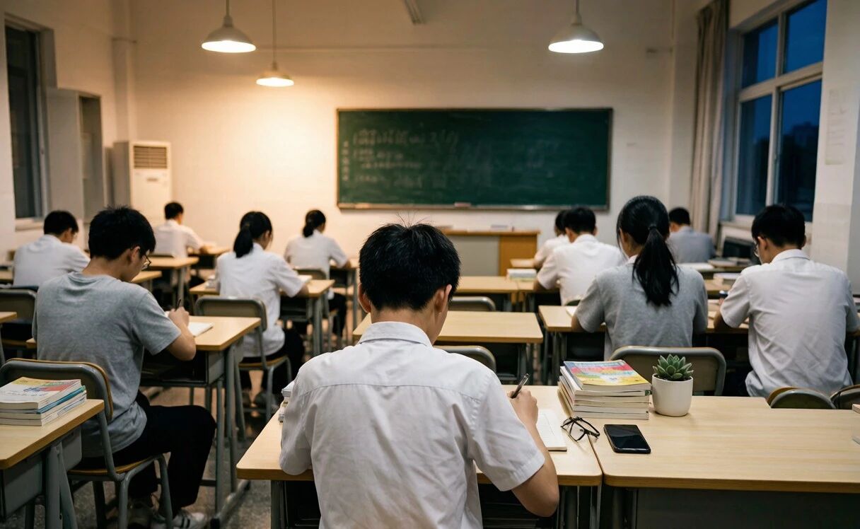 高三晚自习教室，学生们安静备考