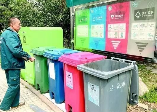 東西湖區(qū)山水星辰小區(qū)不同顏色的垃圾桶，分裝不同類型垃圾