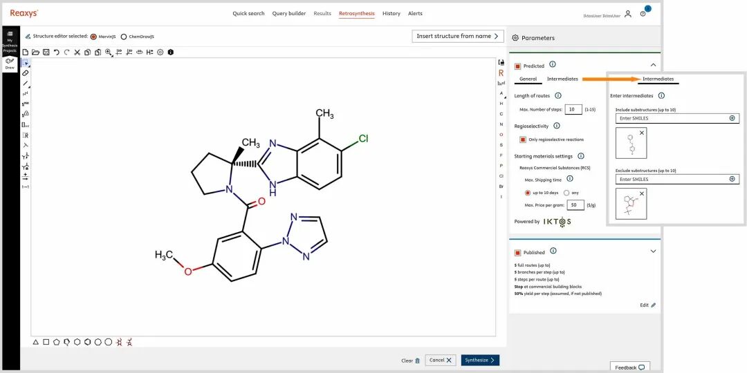Reaxys 逆合成输入屏幕，用于输入结构式和参数