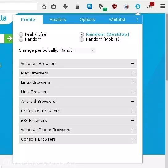 在火狐上使用random agent spoofer