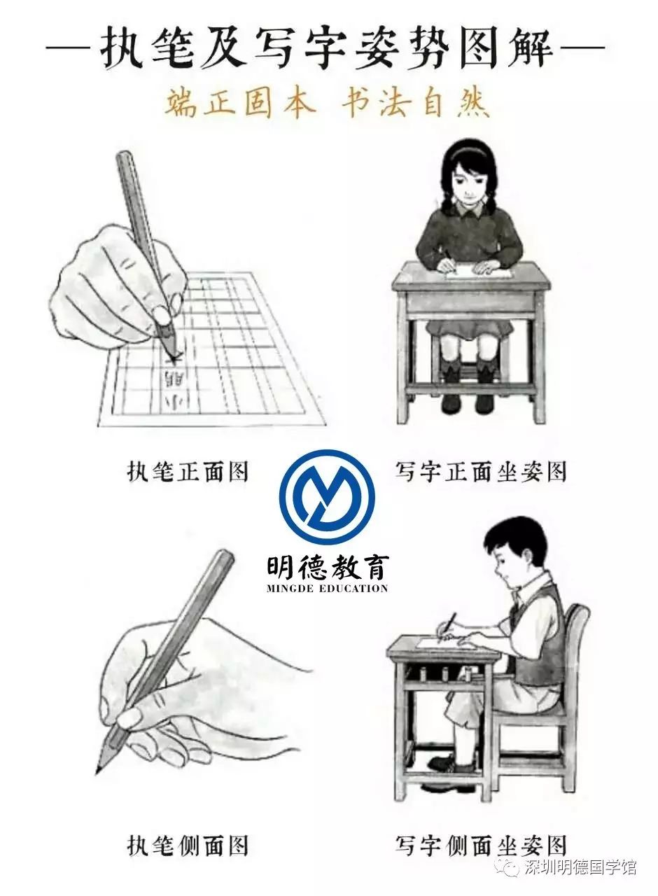 小学生书法必备技能:正确的坐姿,握笔姿势 | 明德教育