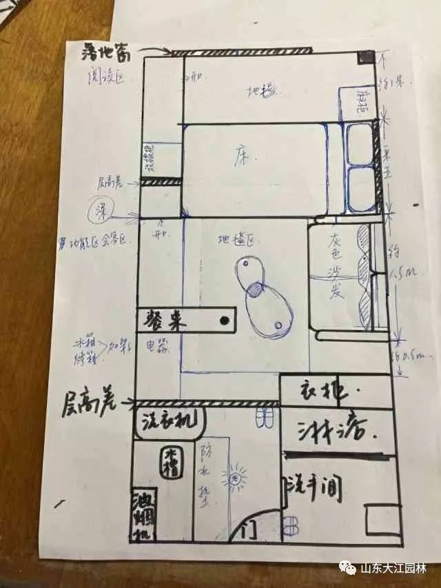 女孩亲手画的简略户型图,由于是细长型的房子,所以功能分割就显得尤为