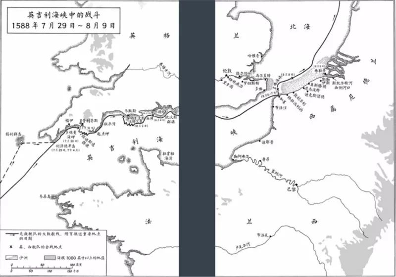 无敌舰队战斗与航线示意图,加莱和敦刻尔克的位置值得大家格外注意