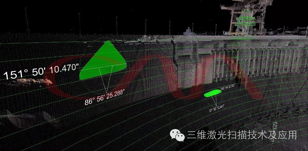 基于实景三维点云,可以轻松查询并标注坝体表面位置的倾斜角度及走向