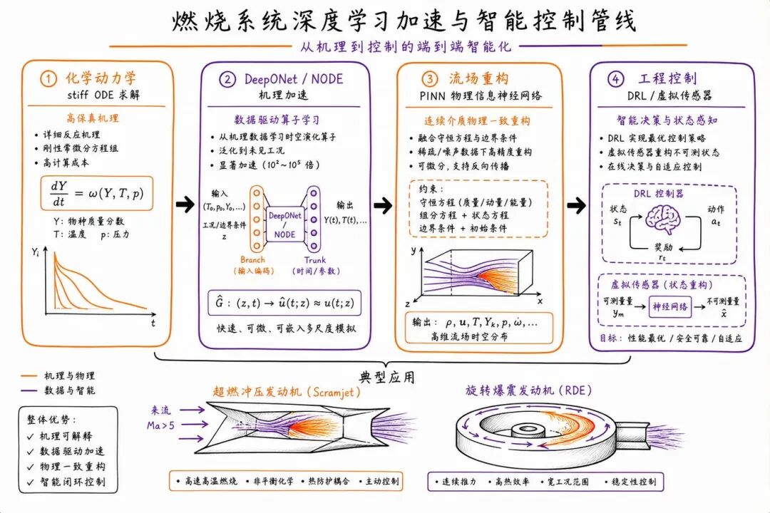 AI 示意图：燃烧 SciDL 从化学加速到虚拟传感的管线