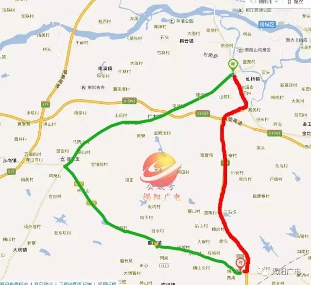 经由小北山1号隧道,直接到揭阳仙桥录宜村,无需再向西绕行经揭阳普宁