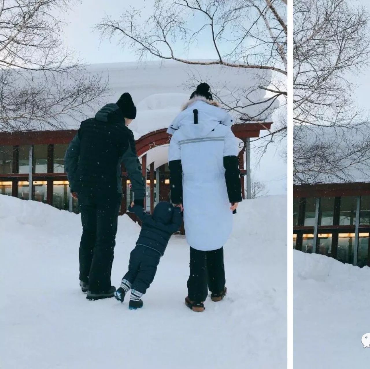 黄晓明一家三口雪地牵手 小海绵暴风长高露背影