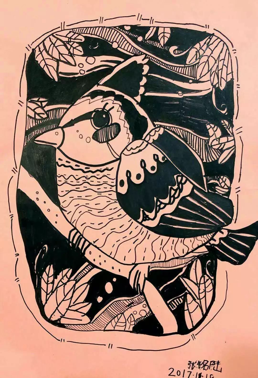 张铭陆 6岁 线描画《喜鹊》
