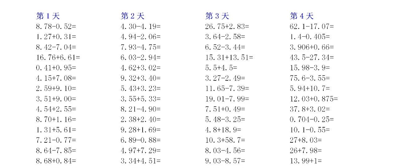 小学四年级数学 小数加减法 口算800题 已排版 小学知识 微信公众号文章阅读 Wemp