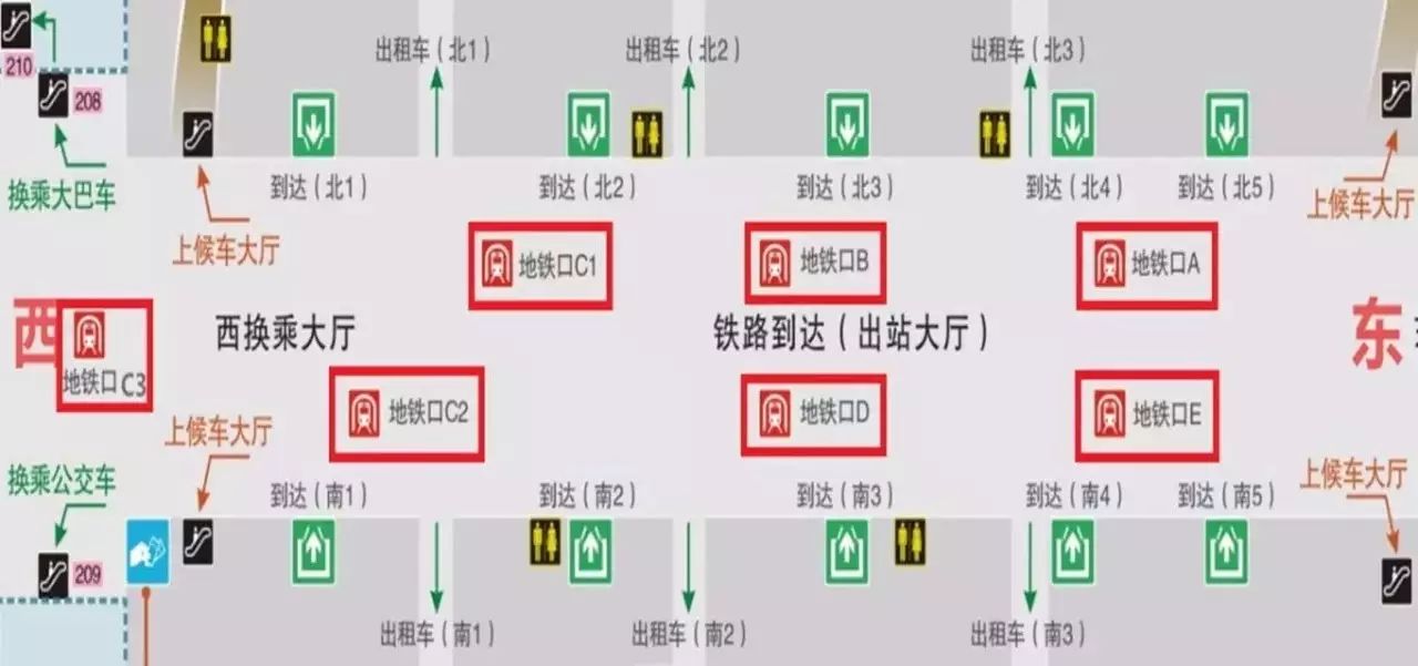 杭州东站b1到达层地铁共有7个出入口 a,b,d,e出口靠近东广场 c1,c2