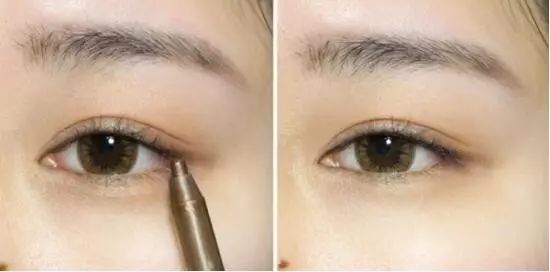 在黑色的眼线笔上叠加一层棕色系眼线,棕色系眼线和橘色的眼妆更加