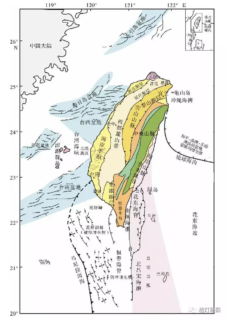 可分成海岸平原,西部麓山带,雪山山脉,中央山脉,台东纵谷和海岸山脉