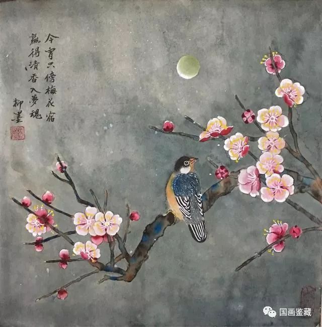 呆萌的月夜梅花小鸟国画解析