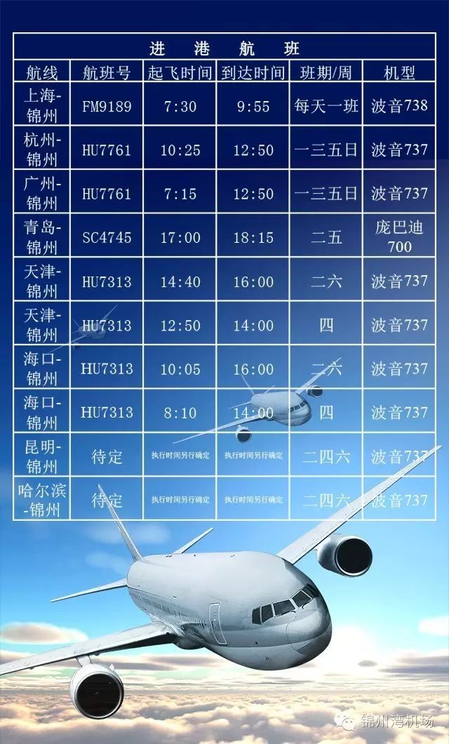 锦州湾机场冬春航班表,部分航班号和时刻变更,出行请核对好时间,避免