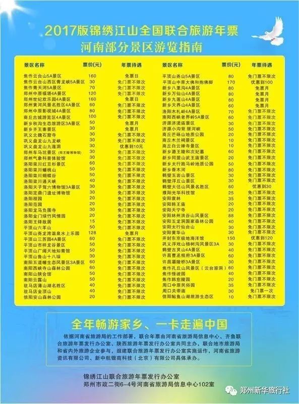 2017锦绣江山旅游年票一卡通【河南版】涵盖24省160城市881家景区