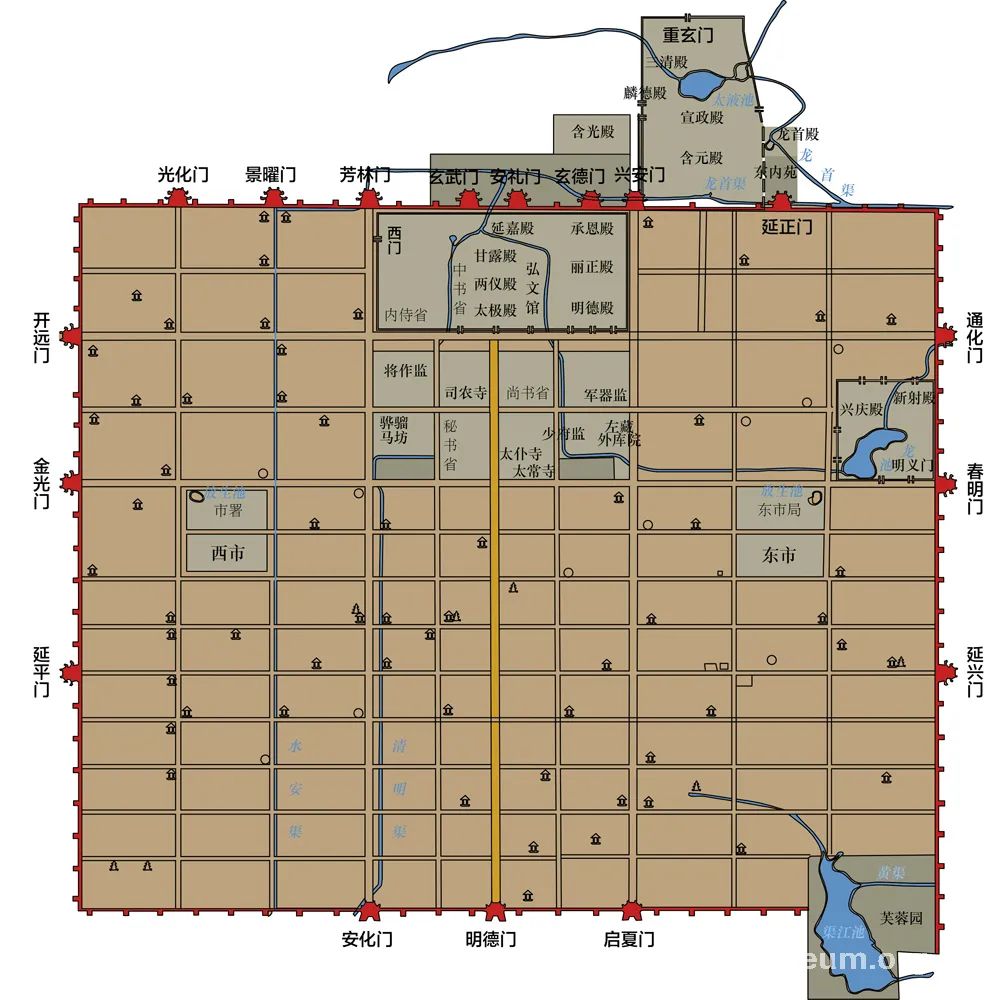 图丨唐长安城平面布局图.北京的中轴线初具规模是在金.