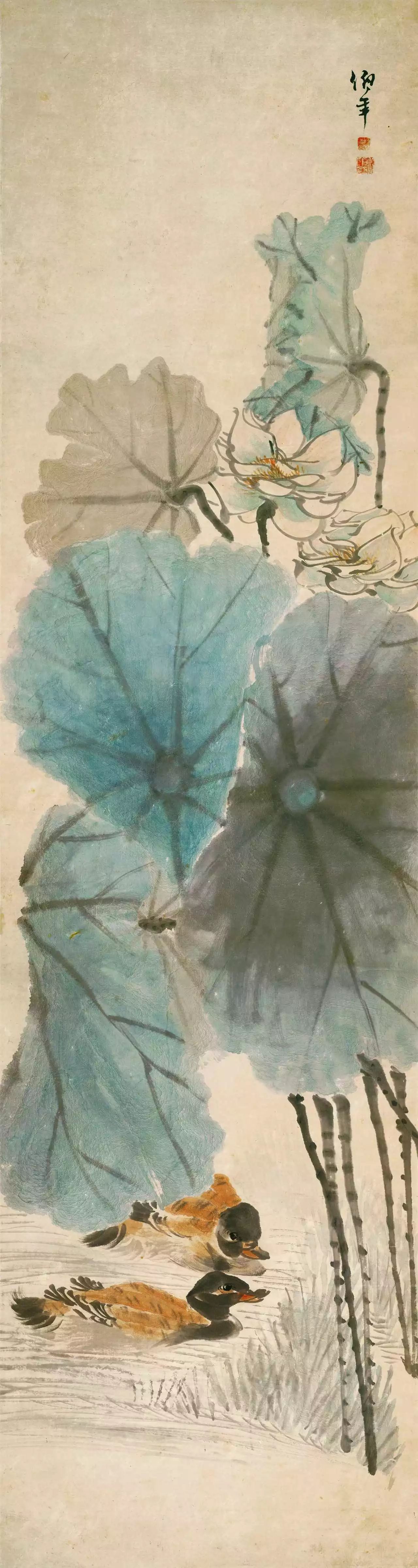 清-任伯年《荷花鸳鸯图》纸本40x150
