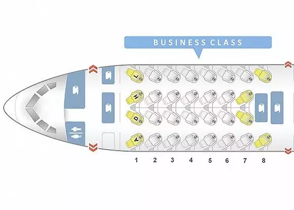 美国航空波音787-9的商务舱座椅布局为标准的“反鱼骨”式