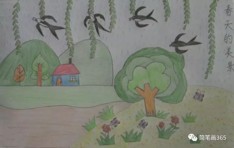 春天的美景9岁小朋友彩铅画作品欣赏