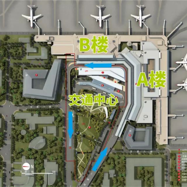 虹桥机场1号航站楼示意图(蓝色箭头为行车方向)