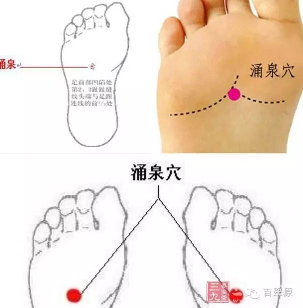 擦涌泉 涌泉穴于双足底部,卷足时于足前部凹陷处,约第2,3趾趾指缝纹