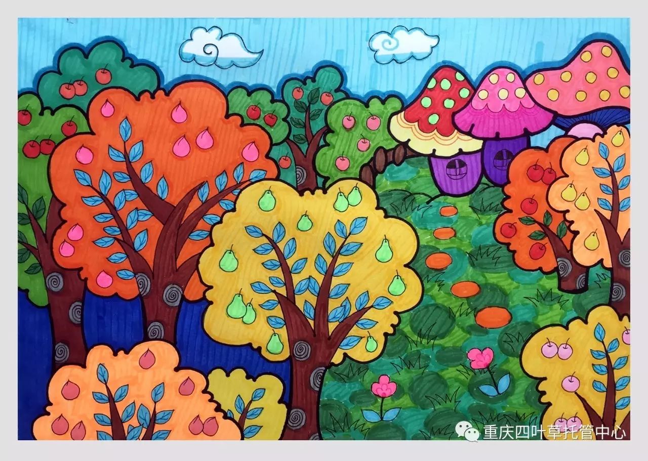 儿童画-水彩笔绘绚丽果树林