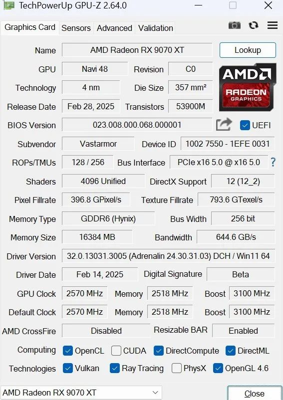 瀚铠VASTARMOR Radeon RX 9070 XT超合金显卡首测：性价比挑翻RTX 5070Ti