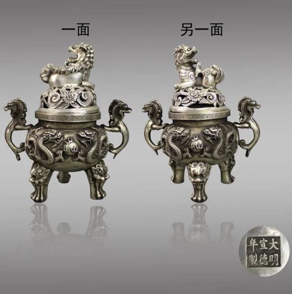 中国古美術/銅鍍金龍紋翡翠玉摘隻龍耳三足香炉/(底款有り)