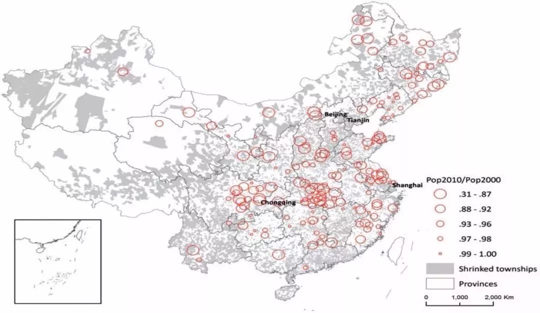 2000-2010年中国人口密度降低的城市