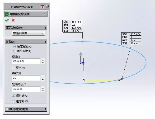 5,圈数:0.1,起始角度:36度.