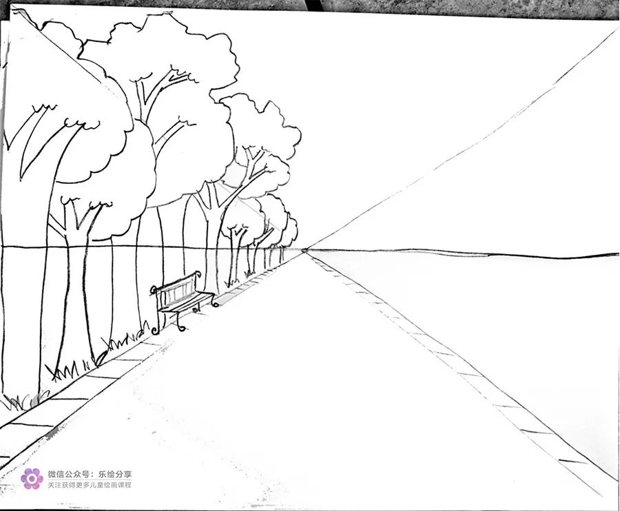 马路与两边的树木和楼房 就形成了非常直观的一点透视 我们看看在绘画