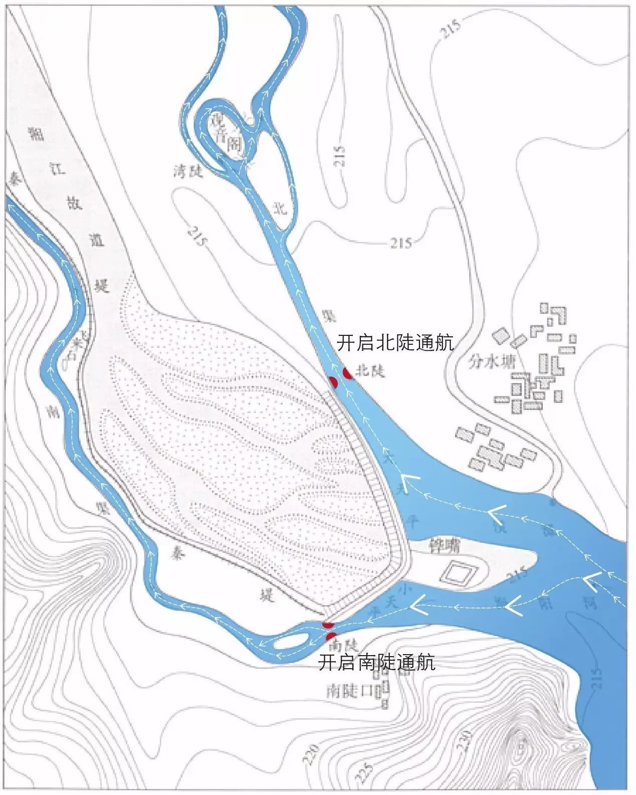 在枯水季节,南,北陡交替启闭,可保证灵渠的正常通航.