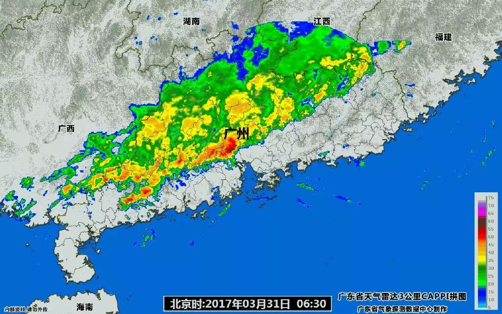 这是今天6:30的广东省天气雷达图,图中 红 黄色所示是强雷雨云系!