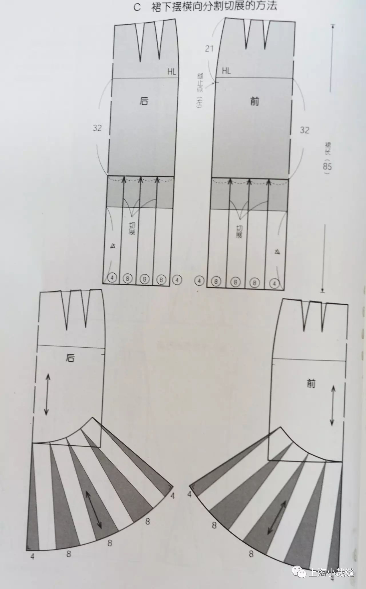 c鱼尾裙制图     将裙下摆横向分割,就可具有同样造型的效果.