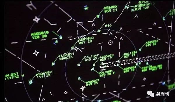 管制员指挥的雷达屏幕,每一个亮点代表一架飞机.