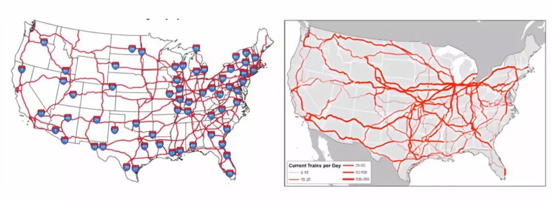 虽然这样的布局并不出人意料,将这个网络节点地图同美国货运铁路线路