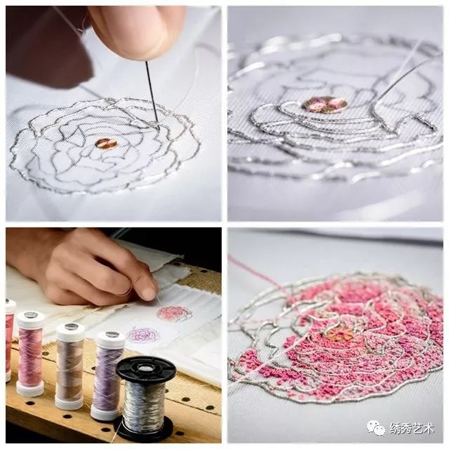 用银质"filet"绣线来绣出花瓣轮廓,然后用多重的打结针法以营造色彩