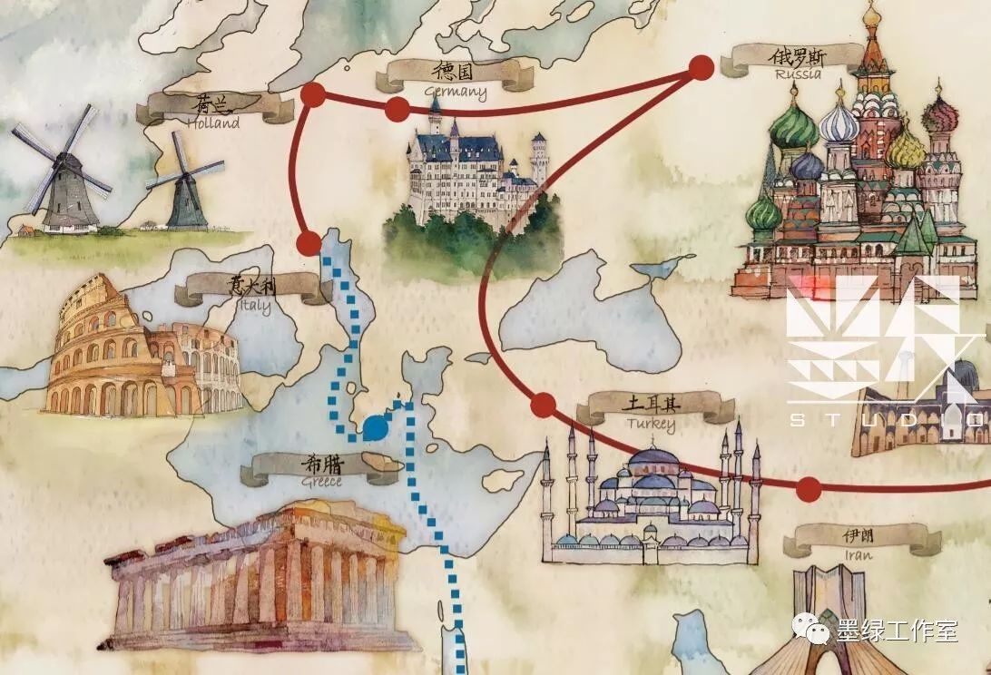 水彩作品手绘世界地图过程分享丝绸之路附步骤