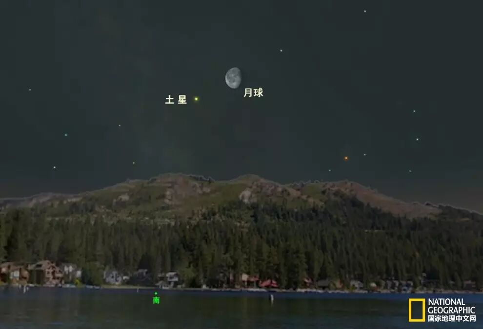 4月16日凌晨，土星将会出现在月亮身旁。
插图：A.FAZEKAS, SKYSAFARI