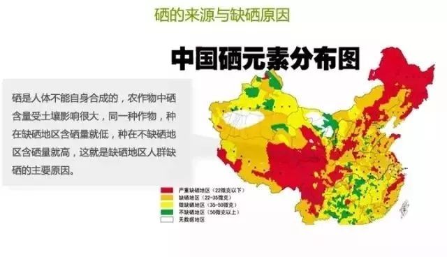 我国2/3地区属于缺硒地区,其中1/3地区为严重缺硒地区,大约有七亿人