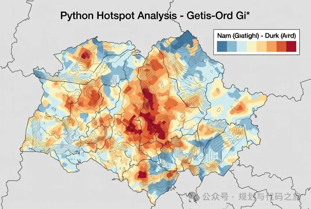 A technical illustration of a Python hotspot analysis on a geographical map with color-coded significance levels.