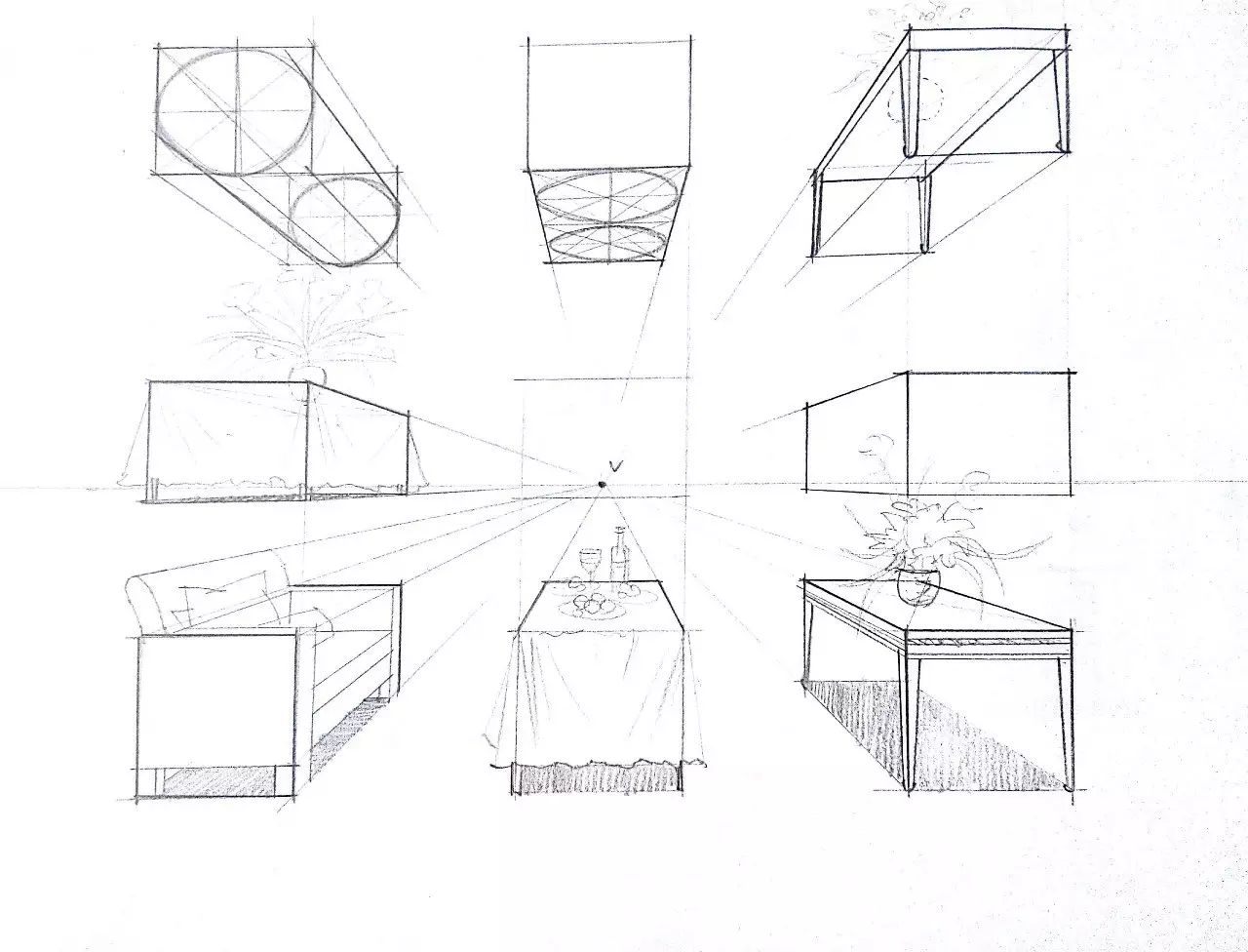 一点透视作图原理:建筑师法,也称视线法,利用建筑物与视点的连线与