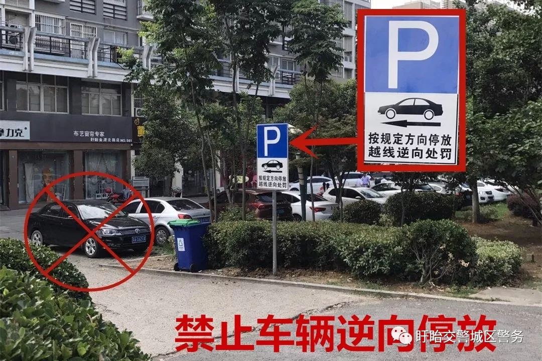 停车指示方向停车,禁止越线,逆向停车