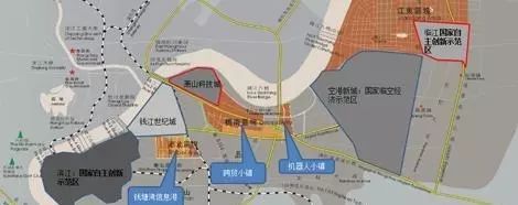 图中可见 杭州三江口主要包括 之江,双浦,义桥,浦阳,闻堰以及浦沿