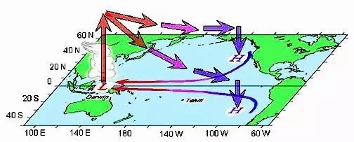 经历冬夏交替,纬度圈方向的大气环流方向发生变化,而从上图我们可以