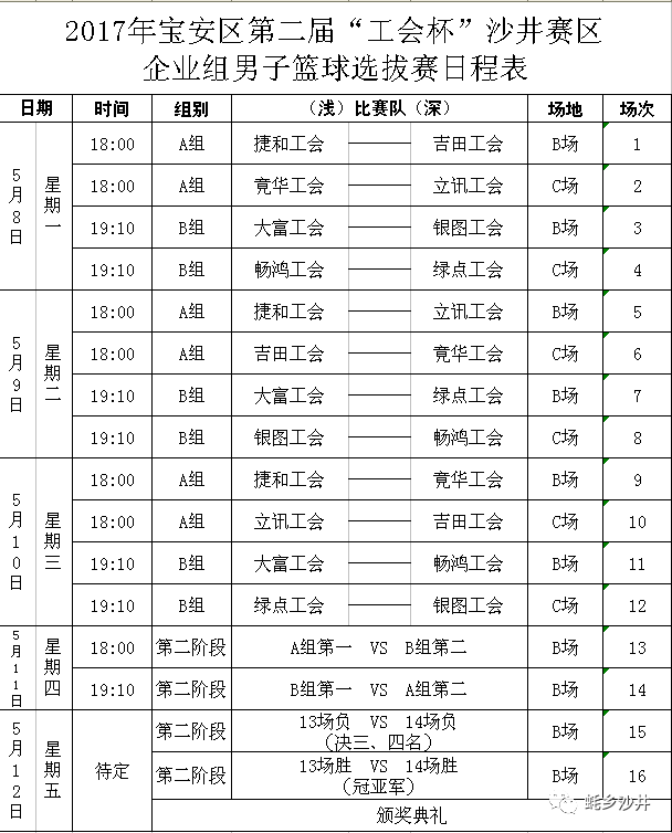 2017年宝安区第二届"工会杯"沙井赛区企业组男子篮球选拔赛日程表