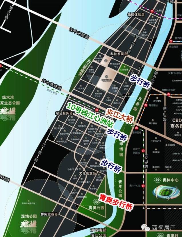 在交通系统方面,江心洲规划了"两快六主十三次"的道路网络结构,两快