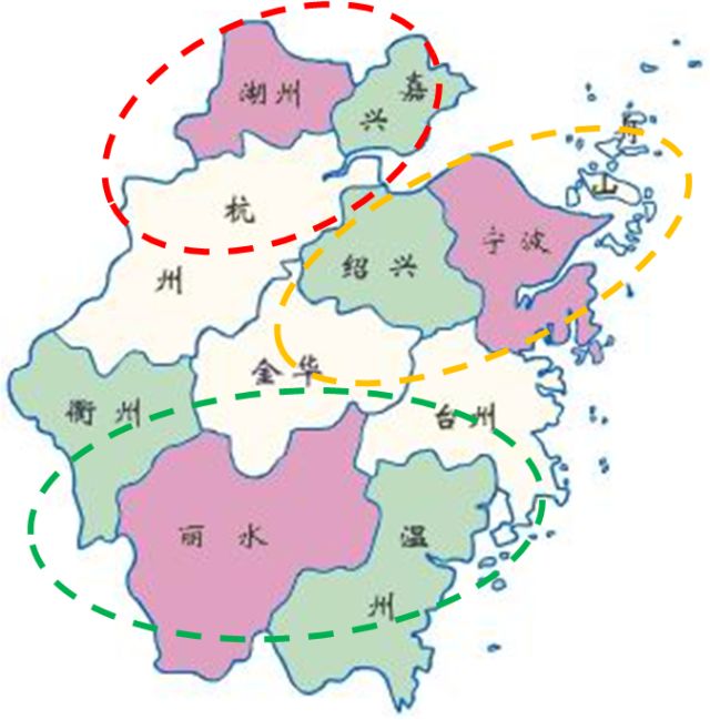 图3. 浙江省内城市行政区划及三大区域划分情况图片